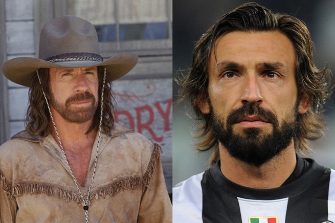 Le star del calcio e il loro sosia hollywoodiani Chuck Norris e il centrocampista italiano Andrea Pirlo