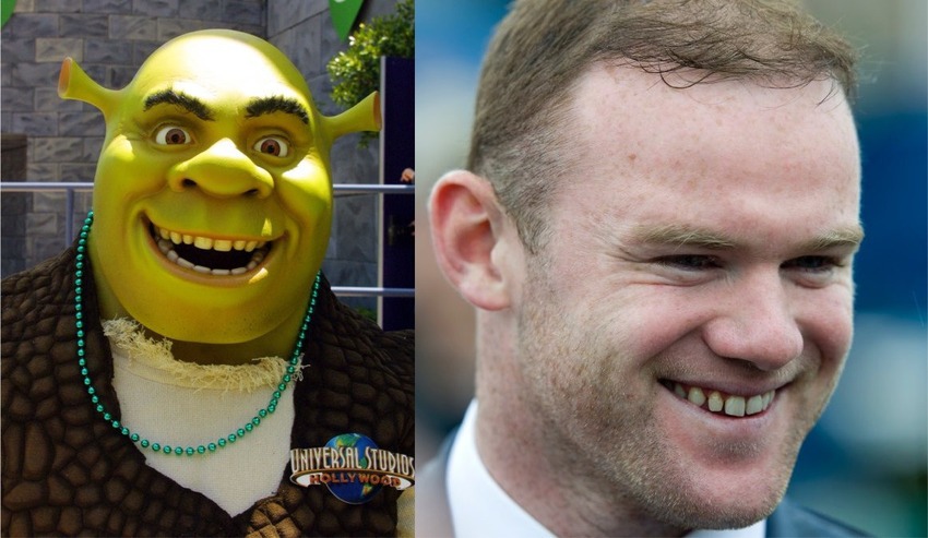 Le star del calcio e il loro sosia hollywoodiani Shrek e l'attaccante inglese Wayne Rooney